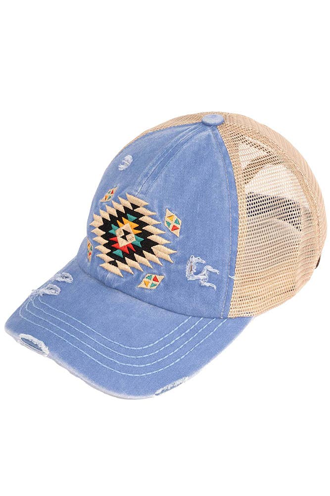 Hana - C.C Aztec Patch Distressed Criss-Cross Pony Cap